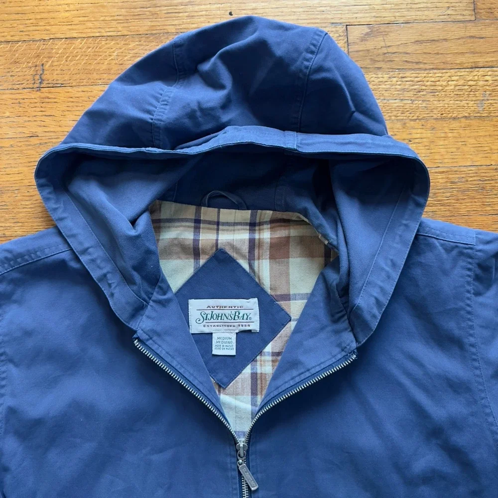 St. John's Bay Hooded Rain‎ Jacket Full Zip Lined Blue Coat Medium